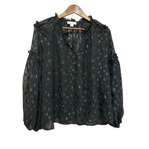 Calligraphie Black‎ Sheer Top Silver Metallic Dot Ruffle Trim Long Sleeve Blouse